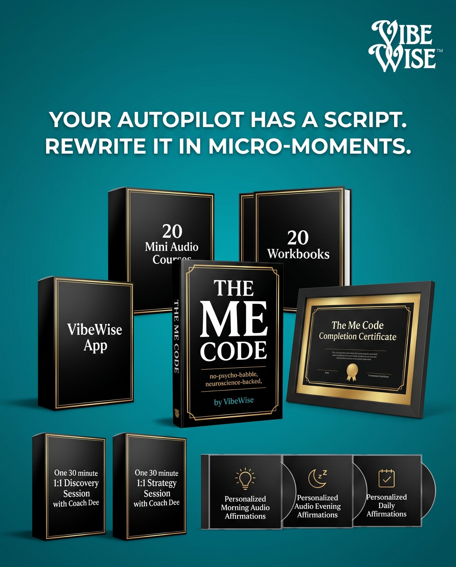 The Me Code complete bundle: 20 mini audio courses, 20 workbooks, VibeWise App, completion certificate, 1:1 sessions, and personalized affirmations
